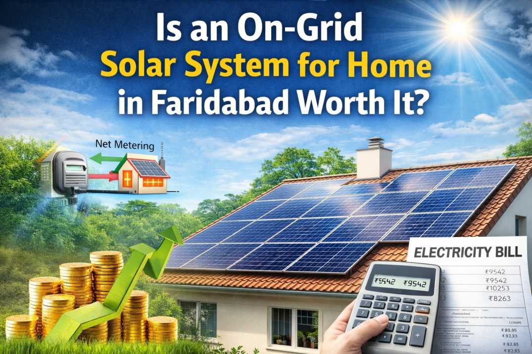 With electricity tariffs steadily rising and awareness of renewable energy growing, homeowners in Faridabad are increasingly considering solar power as a long-term solution. Among the different solar options available, the on grid solar system for home in Faridabad is the most popular choice for residential users. But before investing, it is important to understand whether it is truly worth the cost, how it works, what benefits it offers, and whether it suits your specific household needs. This detailed guide answers all those questions and helps you make an informed decision. Understanding the On-Grid Solar System An on-grid solar system, also known as a grid-tied solar system, is connected directly to the electricity grid. Solar panels installed on your rooftop generate electricity during daylight hours. This power is first used to meet your home’s electrical demand. Any surplus electricity is exported to the grid through a net meter, while any shortfall is automatically supplied by the grid. Unlike off-grid systems, on-grid solar systems do not require batteries. This significantly reduces installation costs and maintenance requirements, making them ideal for urban and semi-urban homes with reliable grid connectivity—such as Faridabad. Why Faridabad Is Ideal for Residential On-Grid Solar Faridabad has several advantages that make solar adoption highly practical for homeowners. First, the city receives strong solar irradiation for most of the year, allowing solar panels to generate power efficiently. Second, residential areas generally have stable grid electricity, which is essential for on-grid systems to function effectively. Third, Haryana supports residential solar adoption through net metering and central government subsidy schemes. These factors combined make an on grid solar system for home in Faridabad a financially and technically sound investment. How an On-Grid Solar System Works in a Home The working of an on-grid solar system is simple yet highly efficient. Solar panels mounted on the rooftop capture sunlight and convert it into direct current (DC) electricity. A solar inverter then converts this DC power into alternating current (AC), which is used by household appliances such as lights, fans, refrigerators, air conditioners, and washing machines. If your system generates more electricity than your home consumes, the excess power is sent to the electricity grid through a bi-directional net meter. When solar generation is low—such as at night or during cloudy weather—the required power is drawn from the grid automatically. This seamless exchange ensures uninterrupted electricity without the need for batteries. Cost of an On-Grid Solar System for Home in Faridabad The cost of installing an on grid solar system for home in Faridabad depends on multiple factors, including system capacity, quality of components, inverter type, mounting structure, and installation complexity. On average: A 1 kW system is suitable for small households with limited electricity usage A 3 kW system works well for standard families using common appliances A 5 kW system is ideal for larger homes with air conditioners and higher loads Villas or large independent houses may require 7 kW to 10 kW systems Although the upfront investment may seem significant, government subsidies and long-term electricity savings greatly reduce the effective cost. Most homeowners recover their investment within 4 to 6 years, after which the electricity generated is almost free. Government Subsidy Benefits for Residential Solar One of the biggest reasons why an on grid solar system for home in Faridabad is worth considering is the availability of government subsidies. Residential rooftop solar systems are eligible for central government subsidies when installed through approved vendors. The subsidy amount depends on system size and applicable government policies at the time of installation. This financial support significantly lowers the initial investment and improves the return on investment for homeowners. It also makes solar energy accessible to middle-income households. Net Metering Explained Net metering is a critical component of on-grid solar systems. It allows homeowners to export surplus electricity to the grid and receive credits against their electricity consumption. In Faridabad, net metering enables: Reduction in monthly electricity bills Efficient utilization of surplus solar power Faster payback on solar investment At the end of each billing cycle, you are charged only for the net electricity consumed after adjusting exported units. In many cases, homeowners experience electricity bills reduced to minimal fixed charges. Electricity Bill Savings and Long-Term Returns The primary motivation for installing an on grid solar system for home in Faridabad is long-term cost savings. Solar systems typically operate efficiently for 25 years or more. With rising electricity tariffs, the savings increase year after year. Over the system’s lifetime, homeowners can save several times the initial investment in electricity costs. In addition to financial savings, solar power offers predictability. You are less affected by tariff hikes, peak-hour charges, and policy changes in electricity pricing. Maintenance Requirements for On-Grid Solar Systems One of the major advantages of on-grid solar systems is low maintenance. Solar panels require periodic cleaning to remove dust and dirt, especially in urban and industrial regions like Faridabad. Apart from cleaning and routine inspections, there are no major maintenance expenses. Most panels come with performance warranties of 25 years, while inverters typically have warranties ranging from 5 to 10 years, depending on the brand. Limitations of On-Grid Solar Systems While an on grid solar system for home in Faridabad offers numerous benefits, it is important to understand its limitations. The biggest drawback is the lack of power backup during grid outages. For safety reasons, on-grid systems shut down when the grid fails to prevent electricity from feeding back into the grid during maintenance or repairs. Additionally, system performance depends on sunlight availability, and net metering approval timelines can vary based on local regulations. Homeowners who face frequent power cuts may consider hybrid systems with battery backup. On-Grid vs Off-Grid vs Hybrid Solar Systems Understanding the difference between solar system types helps homeowners make the right choice. On-grid systems are cost-effective, subsidy-eligible, and ideal for homes with stable grid supply. Off-grid systems include batteries and provide complete independence from the grid but involve higher costs and maintenance. Hybrid systems combine grid connectivity with battery backup, offering flexibility but at a higher investment. For most residential users in Faridabad, on-grid solar remains the most practical and economical option. Rooftop Space and Structural Considerations Before installing an on grid solar system for home in Faridabad, it is essential to assess rooftop space and structural strength. A typical 1 kW solar system requires approximately 80 to 100 square feet of shadow-free area. Roof orientation, tilt angle, and shading from nearby buildings also affect system performance. A professional site survey helps determine feasibility, optimal system size, and expected energy generation. Environmental Impact and Sustainability Apart from financial benefits, solar power significantly reduces carbon footprint. By switching to an on-grid solar system, homeowners contribute to cleaner air, lower greenhouse gas emissions, and reduced dependence on fossil fuels. Over its lifetime, a residential solar system can offset several tons of carbon dioxide emissions, supporting India’s renewable energy goals and environmental commitments. Is an On-Grid Solar System Worth It for Homes in Faridabad? For homeowners with sufficient rooftop space and reliable grid electricity, an on grid solar system for home in Faridabad is absolutely worth it. The combination of government subsidies, net metering benefits, rising electricity costs, and long system life makes it a smart financial and environmental investment. It offers energy savings, predictable electricity expenses, minimal maintenance, and long-term value addition to your property. Final Thoughts Installing an on grid solar system for home in Faridabad is not just a cost-saving decision—it is a forward-looking investment in energy security and sustainability. With the right system design, quality components, and professional installation, homeowners can enjoy reliable solar power for decades. Before proceeding, it is advisable to conduct a detailed site assessment and consult an experienced solar EPC provider to ensure optimal system sizing, compliance, and maximum return on investment.